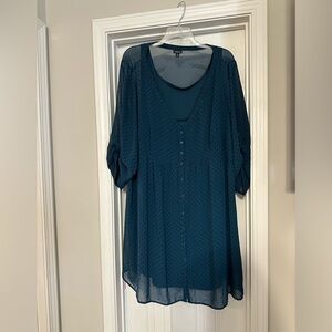 Dark blue/green torrid dress. Sheer with solid underneath 3/4 length sleeve.